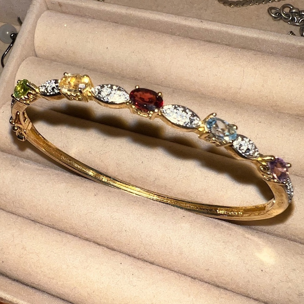 Gold Tone Multi Gem Amethyst Garnet Citrine Peridot Aquamarine Bangle Bracelet - Picture 6 of 14